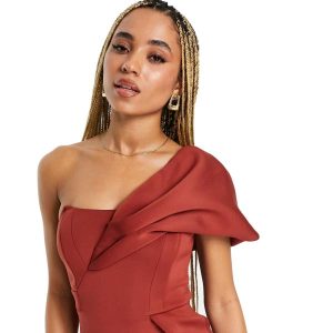 ASOS DESIGN one shoulder seamed bust midi dress with high leg split rust