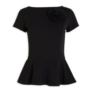 ASOS DESIGN dobby wrap short sleeve blouse with pleated peplum hem black